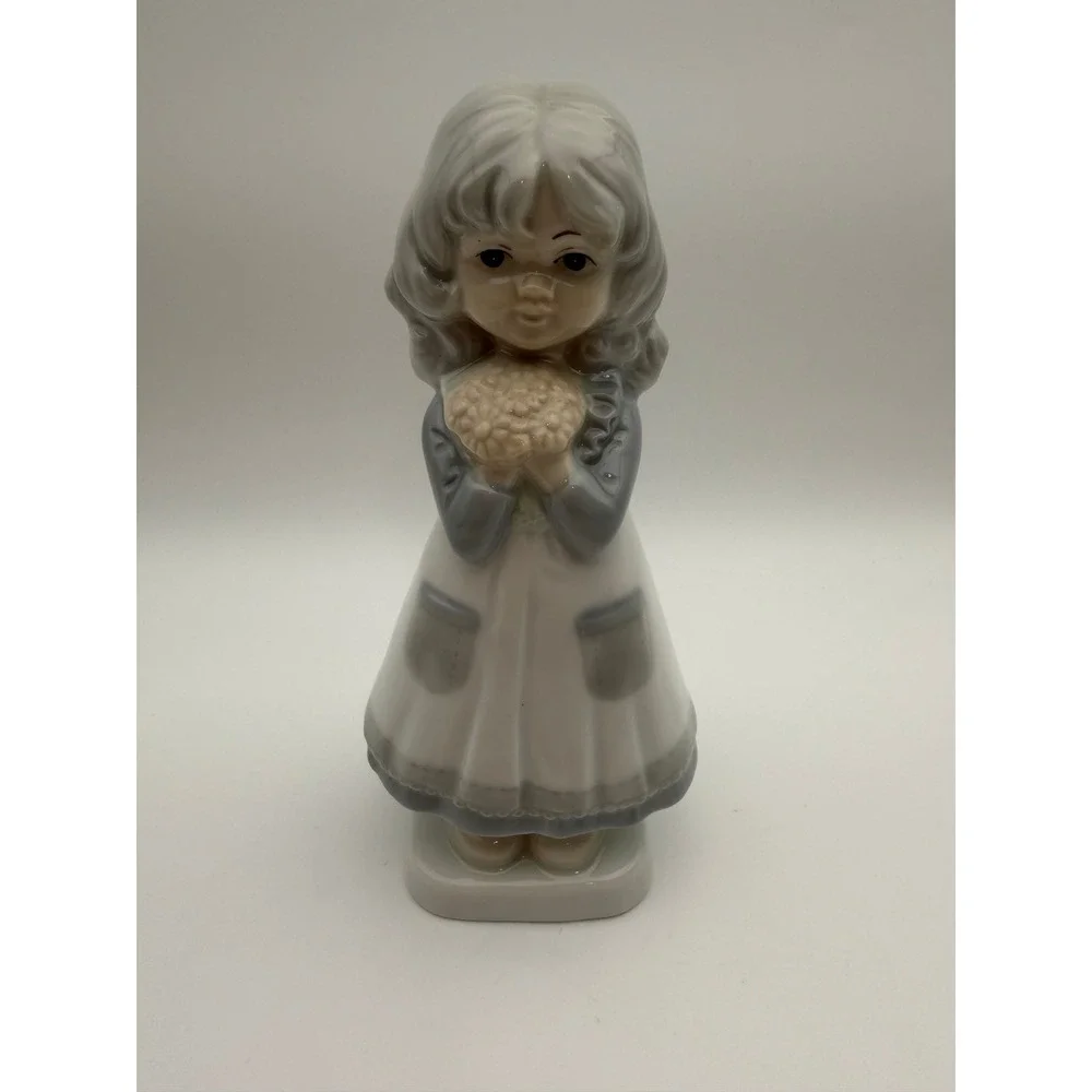 Vintage Japanese Porcelain Girl Figurine with Flowers Glossy Glaze Made in Japan
